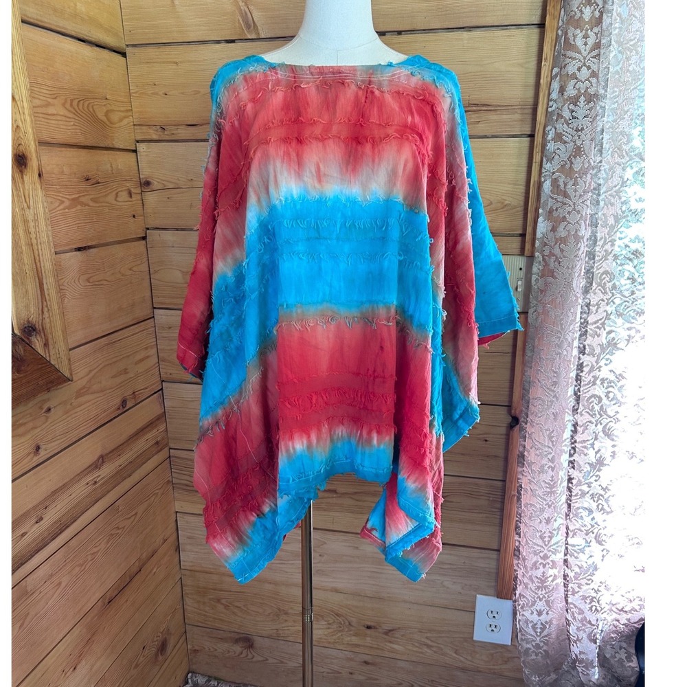 Tie Dye Poncho Top Womens One Size Turquoise Coral Red Frayed Cotton Gauze Boho